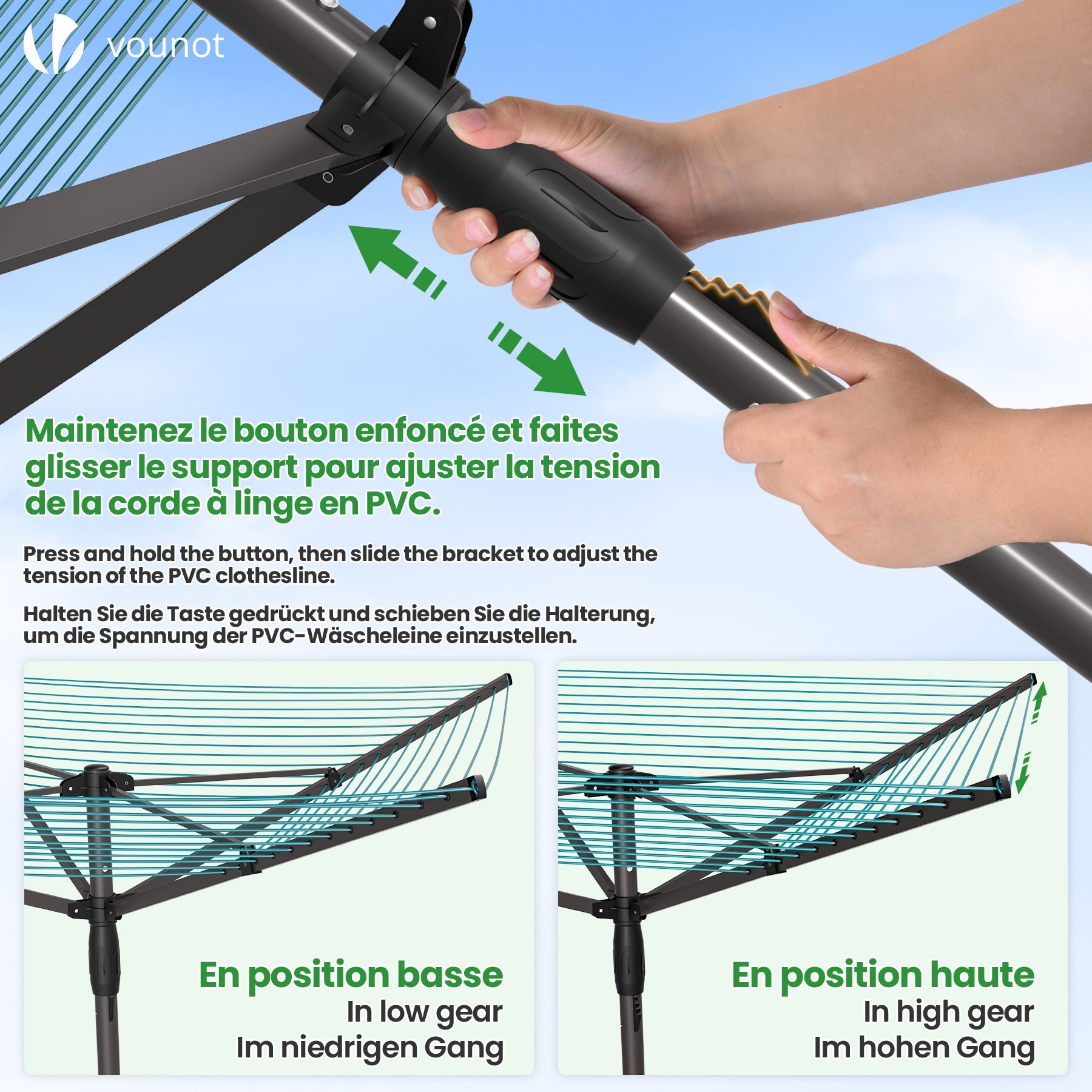 Étendoir à linge extérieur rotatif 50m avec housse de protection - Séchoir parapluie grande surface d'étendage - Gris - VOUNOT® - 6