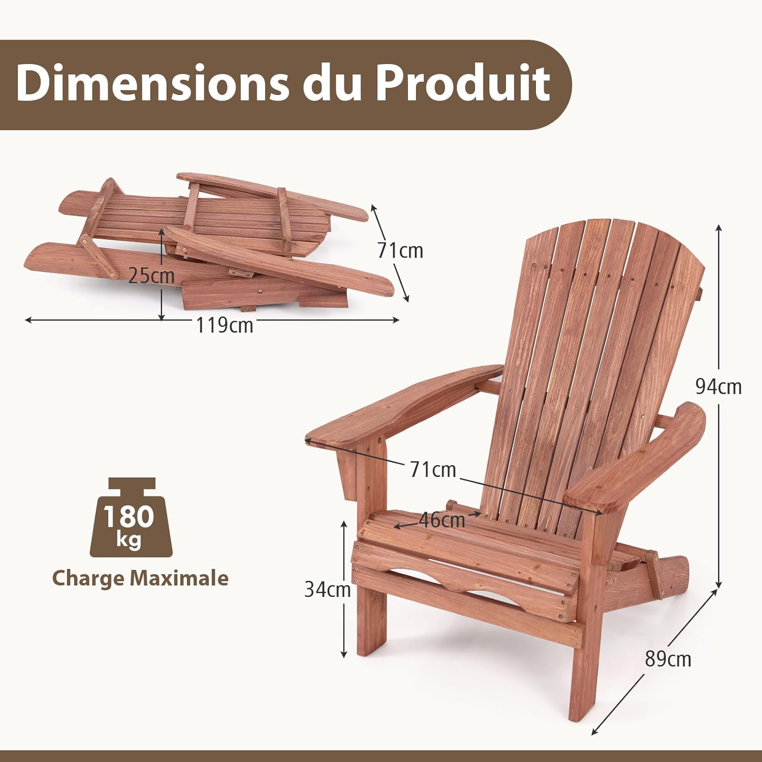 Lot de 2 Chaise de Jardin Adirondack en Bois, Fuateuil de Jardin à Lattes Pliable avec Accoudoirs, Dossier Haut, Charge 160 KG - 3