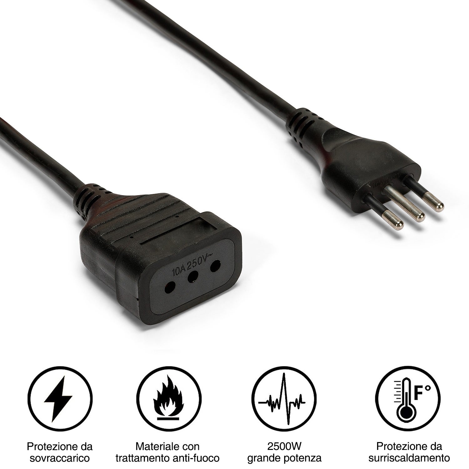 Rallonge italienne 5 m. Fiche et prise 10A, Cable 3g0,75 mm - 6