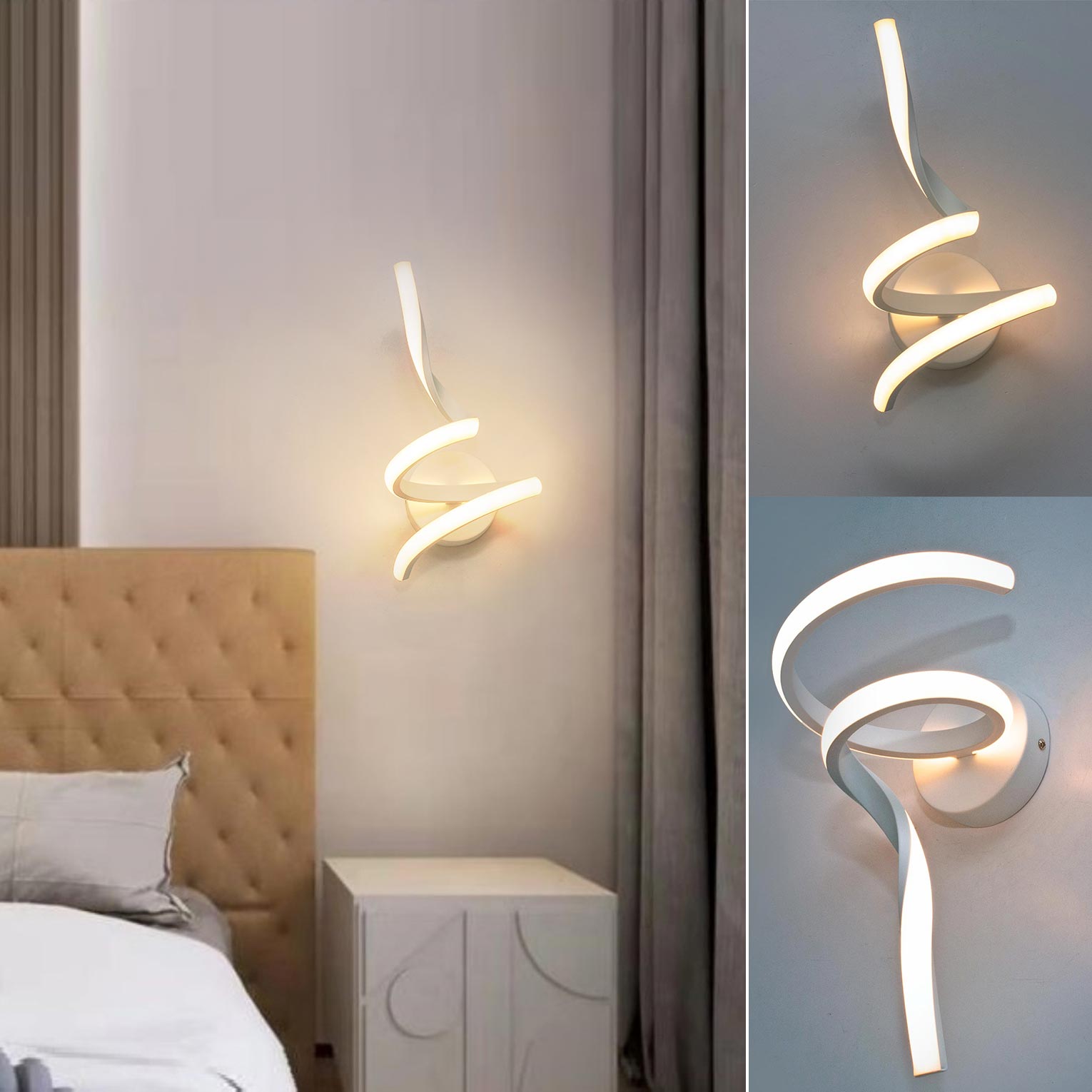 Applique murale LED spirale, fixation murale, ampoule LED 10 W, 3 couleurs de lumière CCT, idéale pour la chambre, la table de chevet ou le salon. - 5