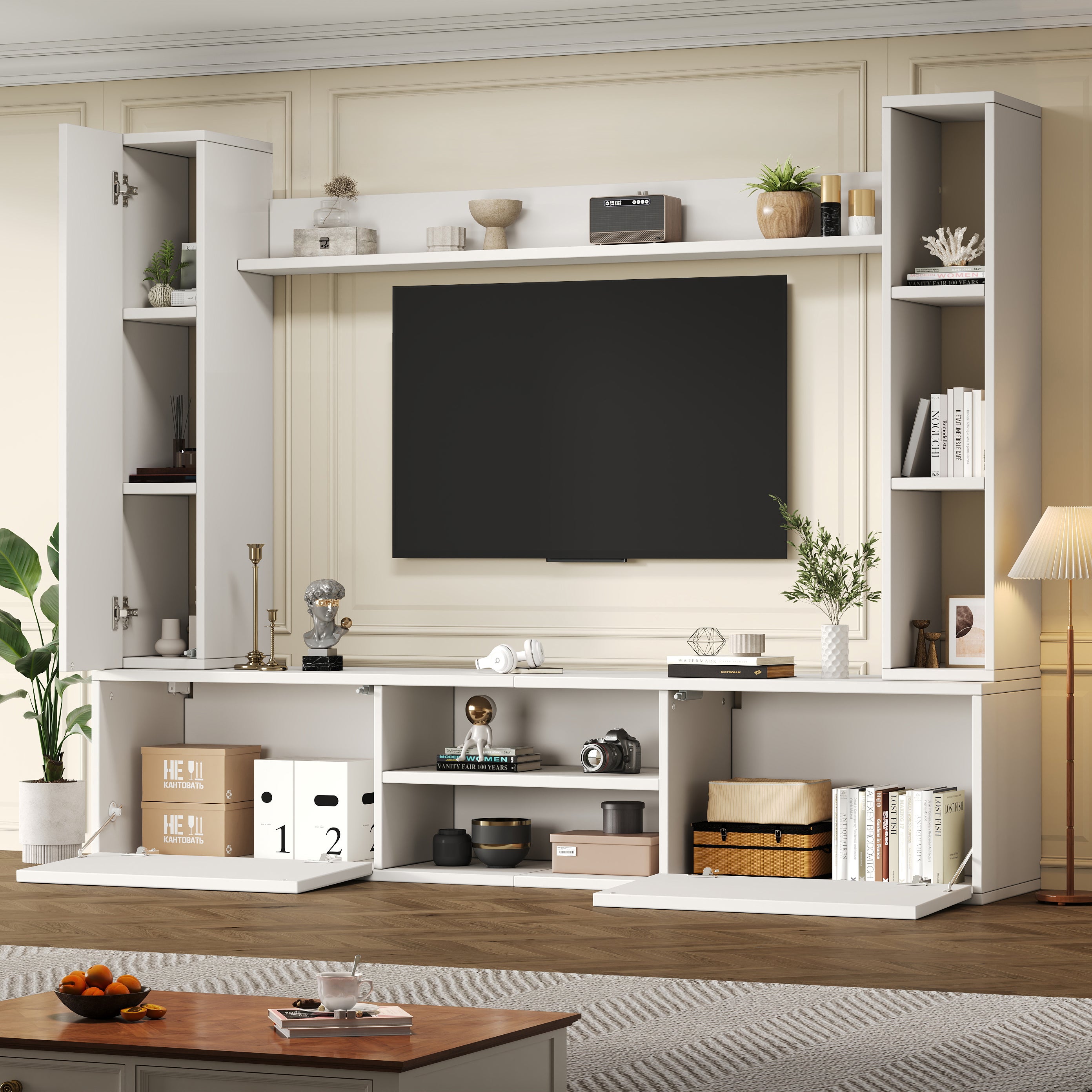 Meuble TV Salle de Séjour Complet avec Bibliothèque Murale et Vitrines, Meuble tv bois Ensemble 4 Pièces (180cm) : Support TV, Étagères Murales, Blanc - 2