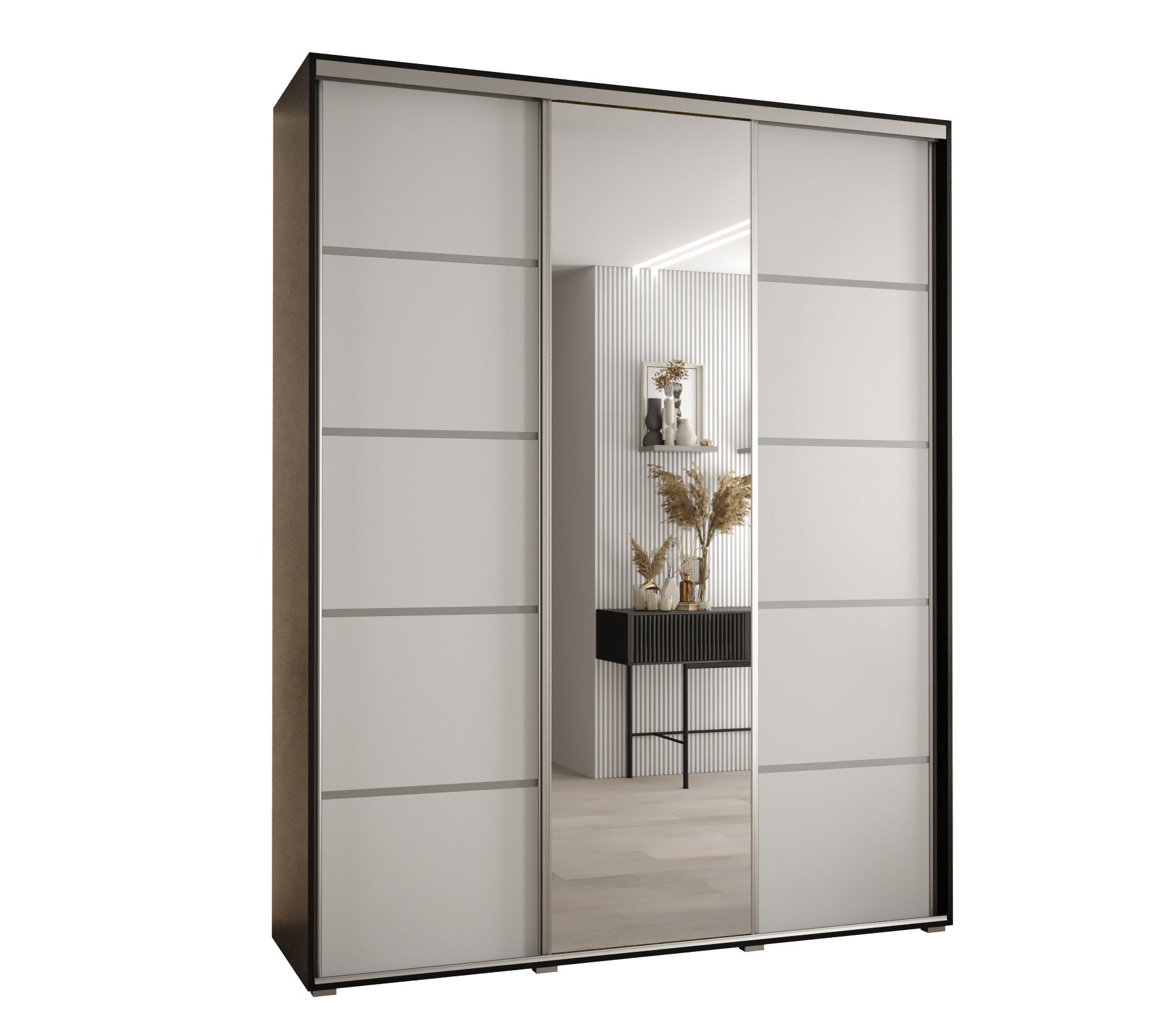 Szafa przesuwna z lustrem wysoka Davos 5 180 x 45 x 235,2 cm czarny + biały + u. srebrny - Abiks Meble
