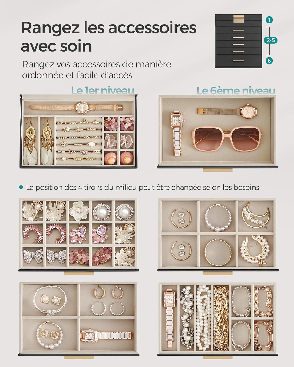 SONGMICS Boîte à Bijoux, Écrin à Accessoires 6 Niveaux, Coffre de Rangement, Couvercle en Verre, 5 Tiroirs, Moderne, Noir Graphite et Doré - 3