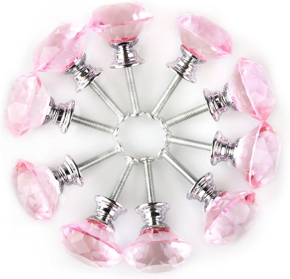10 szt. Gałka do drzwi, szuflada, szafka, uchwyt meblowy, kryształ, 30 mm, okrągły, różowe szkło