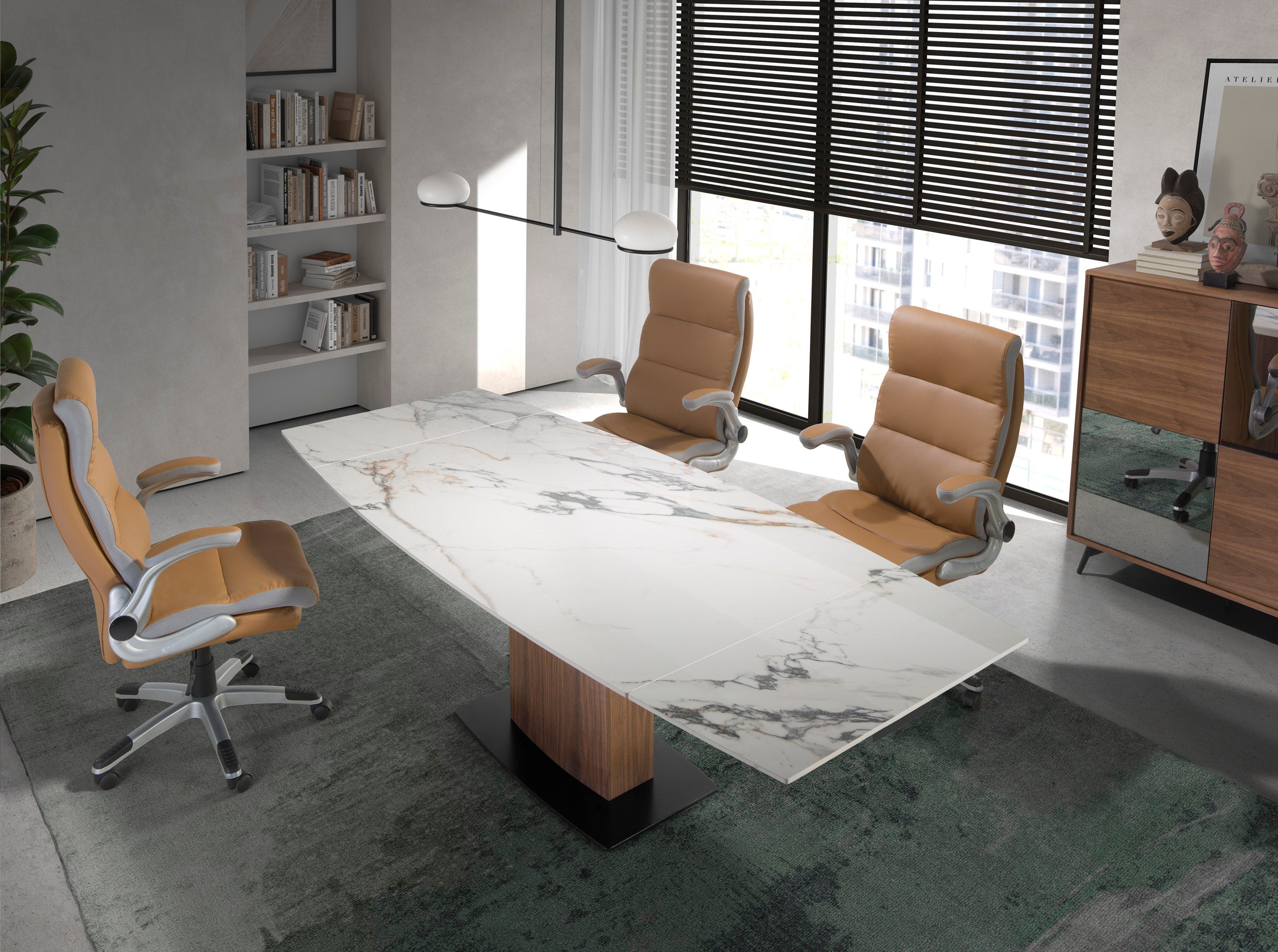 Mesa comedor extensible ovalada barril mármol porcelánico y nogal Ø160 x 100 x 76 cm - 3