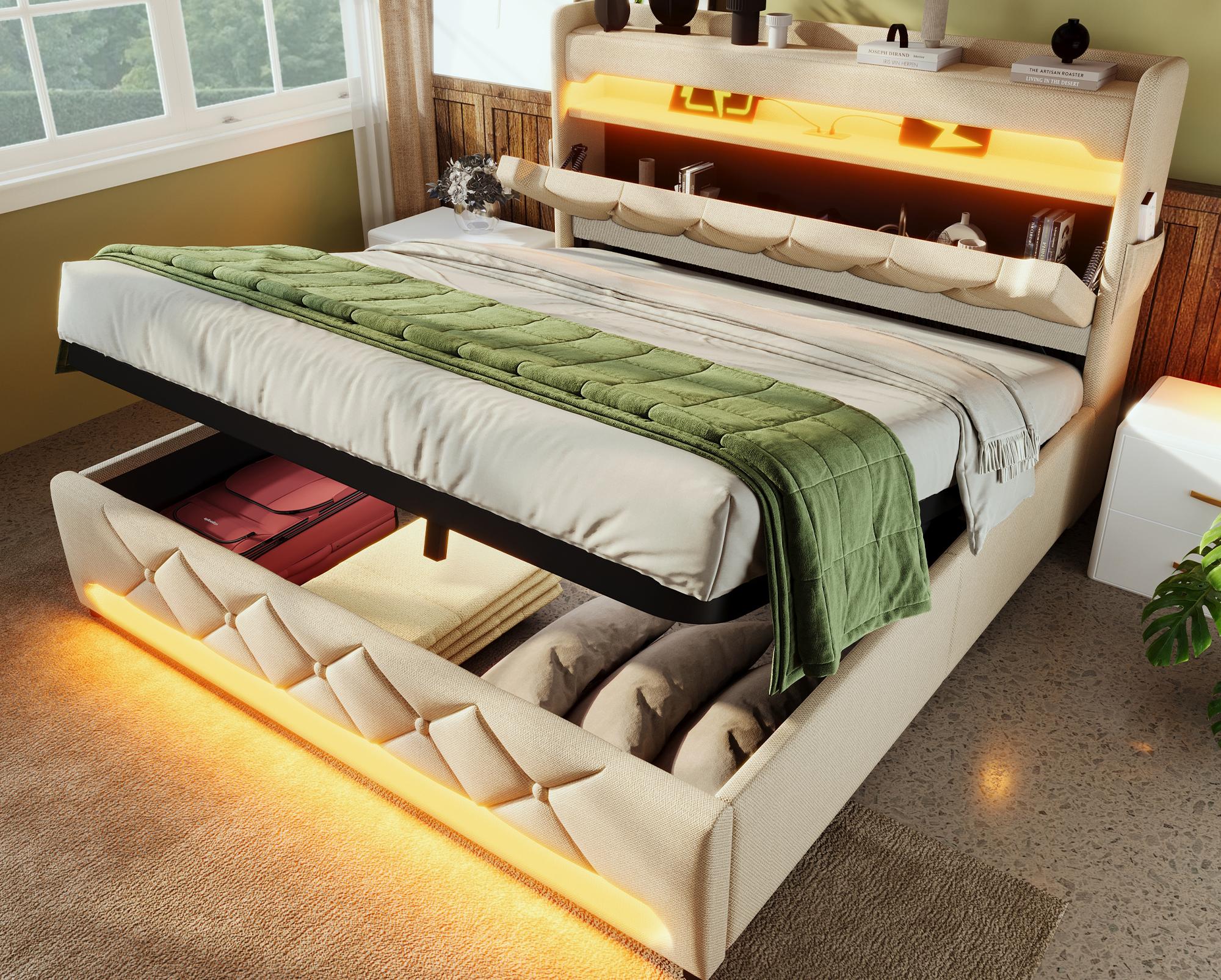 Tapicerowane łóżko skrzyniowe 160x200cm - z diodami LED i portami USB do ładowania - tkanina lniana - zagłówek ze schowkiem - Beżowy