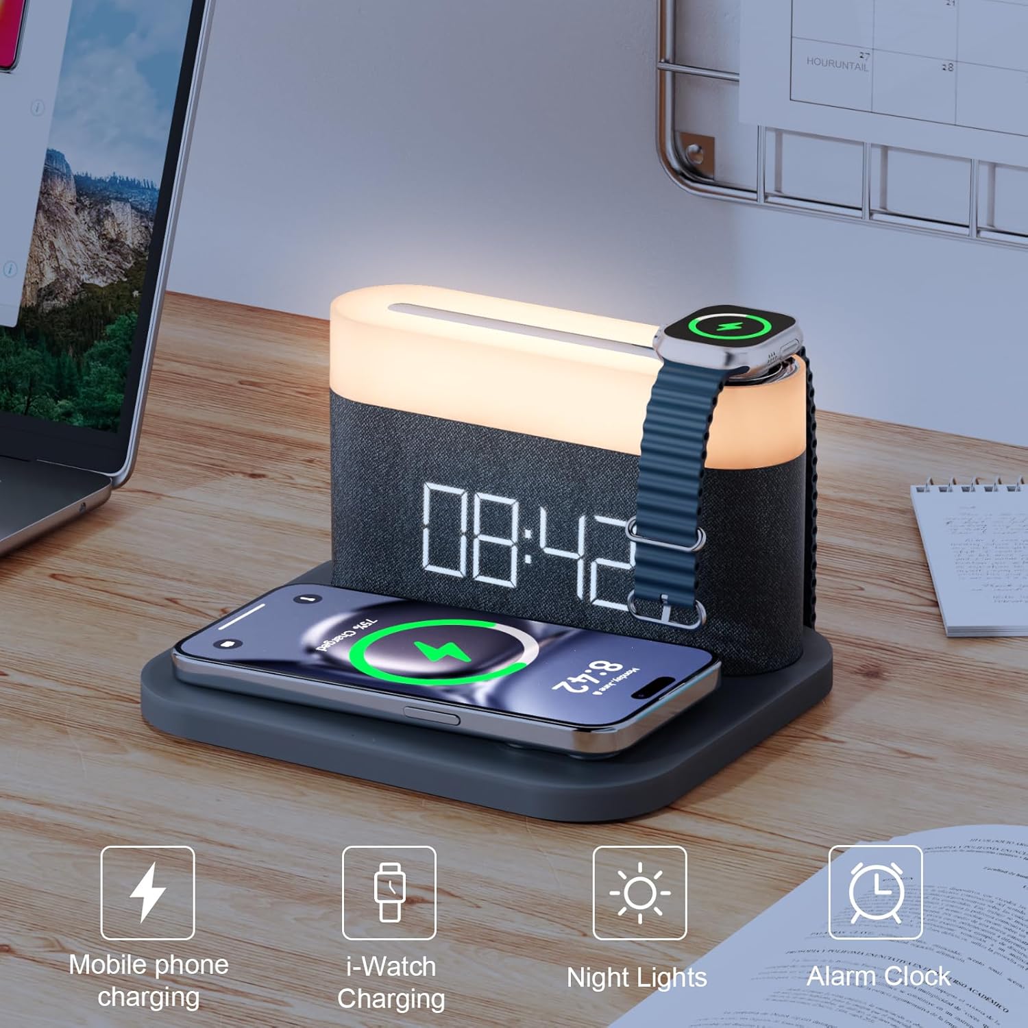 Réveil multifonction avec chargement sans fil, lampe de chevet tactile 15 W max, veilleuse 3 couleurs pour chambre, table de chevet, bureau (noir) - 5