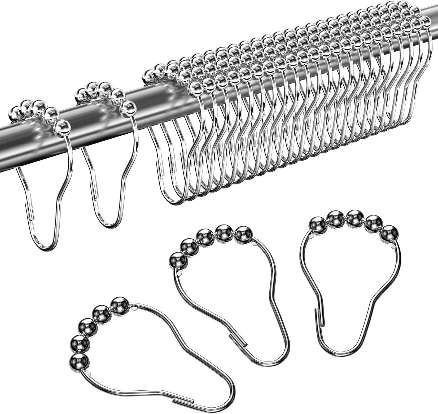 Zestaw 24 kółek do zasłon ze stali nierdzewnej, 74 x 38 mm, system przesuwny, kulki metalowe, srebrne