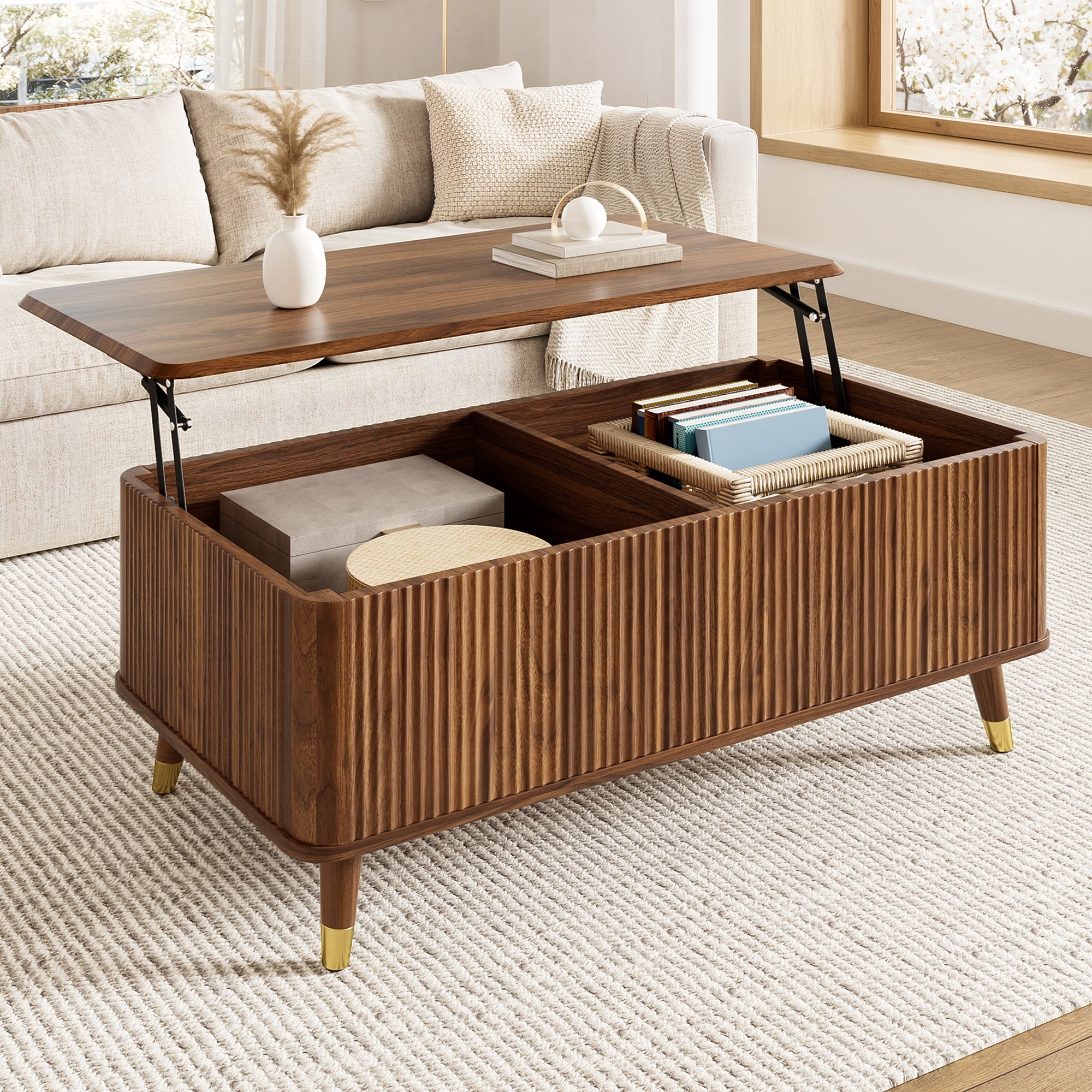 Table basse avec plateau relevable - 97 x 52 x 56,5 cm - MDF et bois massif - Noyer - Design rétro moderne à motif ondulé - 8