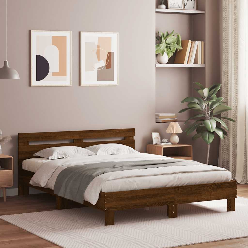 Vidaxl Estructura De Cama Cabecero Y Luces Led Roble 140X190 Cm Marrón , Leroy Merlin