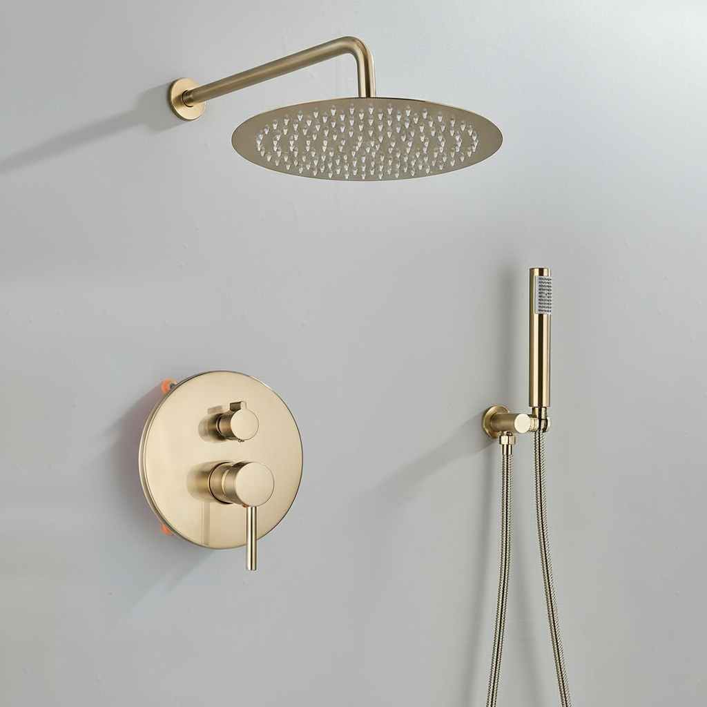 Douche Encastrée Classique Dorée Brossé, Tête XXL 30 cm Effet Pluie, Mitigeur Intégré et Douchette - 6