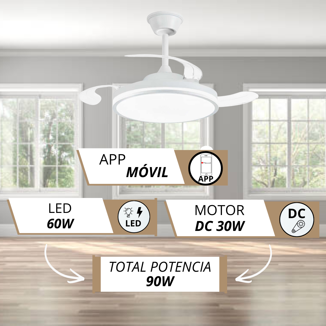 NARVI Ventilador de techo con luz, color blanco, 3 Palas retráctiles ...