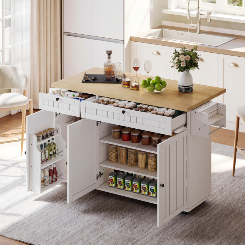Îlot de Cuisine Moderne avec Plan Pliable, Rangement, Étagères à Snacks et Porte-Vin, Blanc Îlot de Cuisine Moderne avec Plan Pliable, Rangement, Étagères à Snacks et Porte-Vin, Blanc