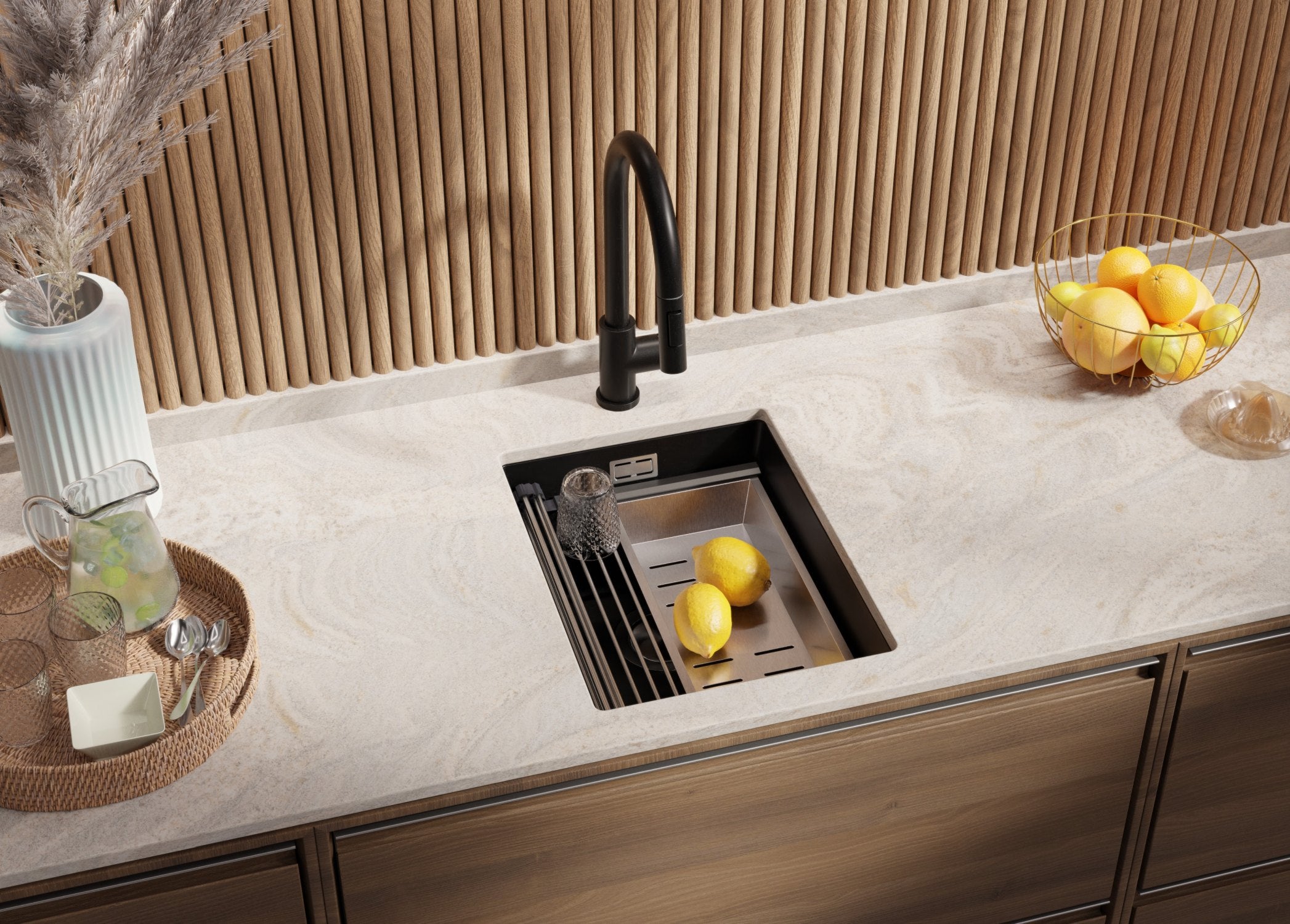 Lavandino sottotop Nero 36x47cm, Lavello in Granito a 1 vasca + Sifone Classico + Accessori, Lavabo da Cucina al mobile 40cm - Prague PRIMAGRAN - 2