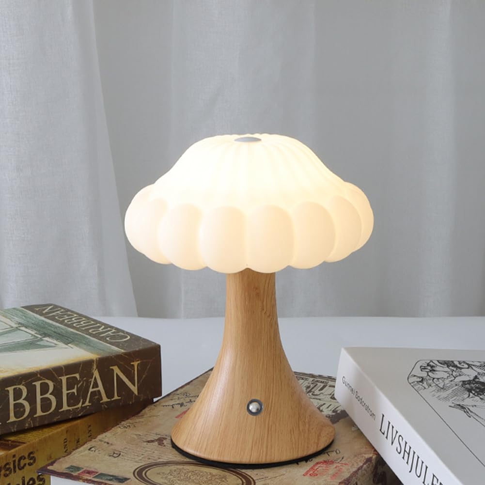 Lampka nocna grzybek, lampka nastrojowa do pokoju, dekoracyjna lampka do czytania, trójkolorowe światło, kolor drewna, 21 x 16 cm
