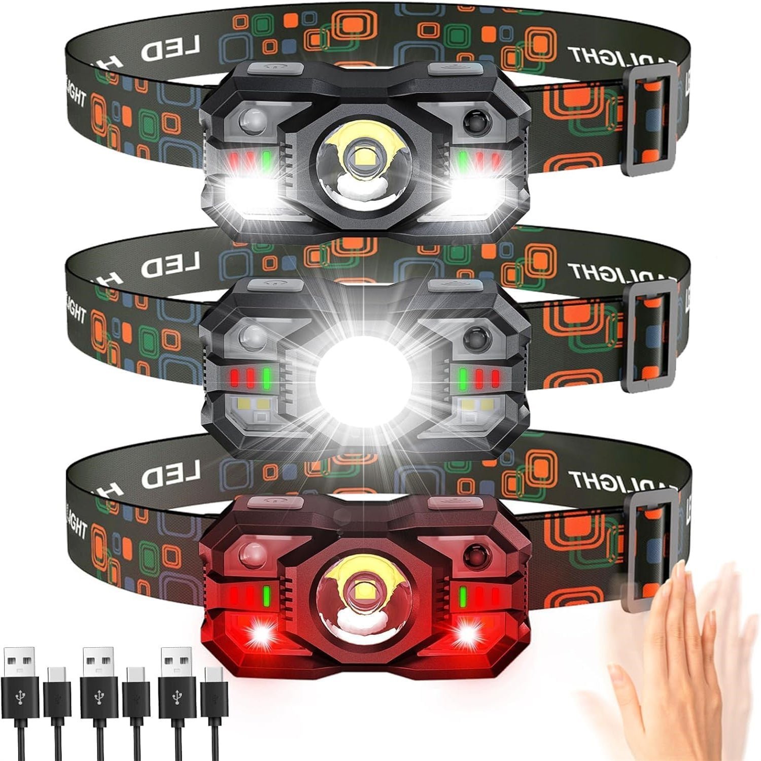 Lampe Frontale LED Rechargeable USB - 3 Modes (Blanc/Rouge), Légère, Pour Randonnée/Camping