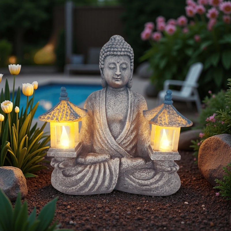 Statues de Bouddha en résine à énergie solaire, décoration de jardin, statues de Bouddha, artisanat en résine, phares de Bouddha - 6