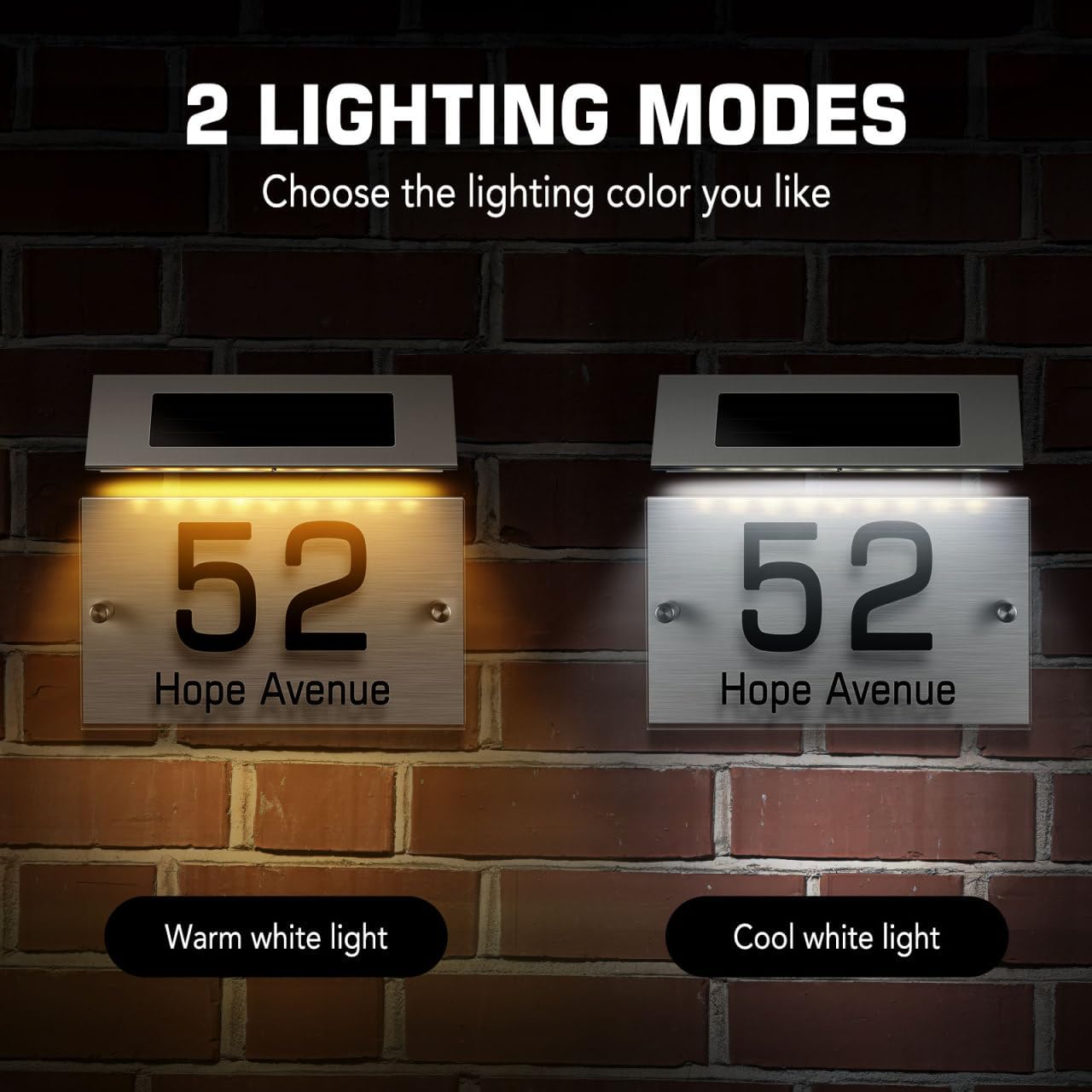 Targa per porta solare con 18 luci a LED, acciaio inossidabile, luce bianca e luce calda, targa per porta decorativa per la casa - 3