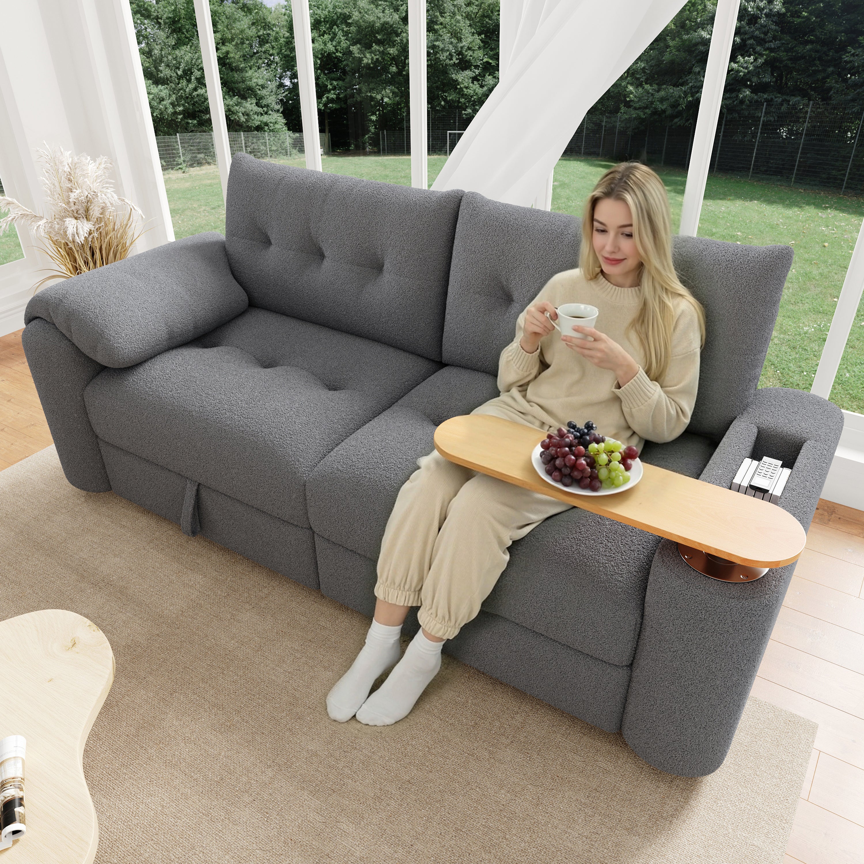 Sofa 3-osobowa ze schowkiem i stolikiem bocznym - 207,5 x 80 x 87 cm - Tkanina pluszowa - Szara