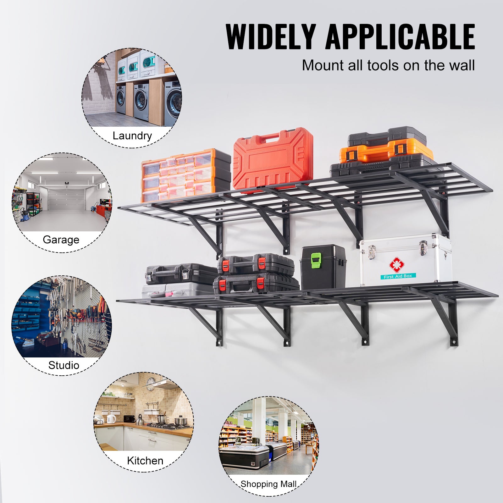 Étagère Murale Flottante de Rangement Garage VEVOR 183x61cm Lot de 2 Grande Surface Utilisable Capacité de Charge 363kg par Étagère Suspendue d'Outils - 6