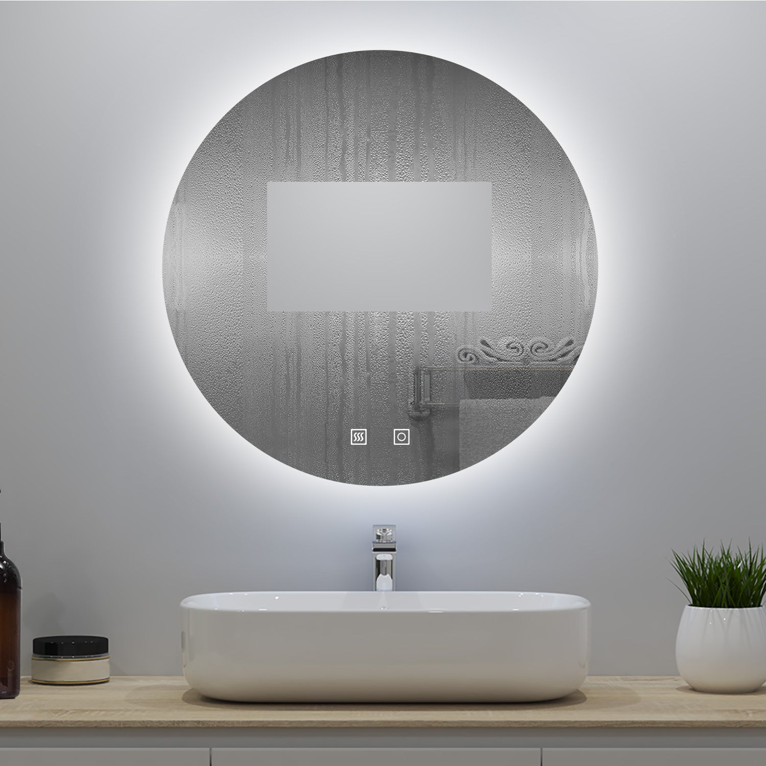 Miroir lumineux rond 80x80cm avec Anti-buée + 3 Couleurs + Dimmable, Mural Miroir salle de bain - 4