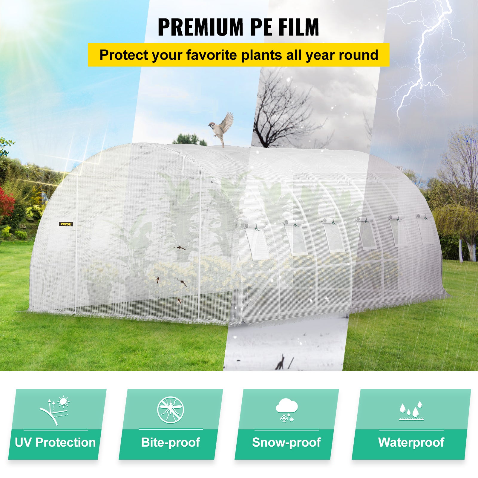 Serre Tunnel Jardin VEVOR 6,1x3x2,1 m Tente Abri Plantes Cadre en Acier Galvanise Couverture Etanche PE 3 Poutres Superieures 4 Poteaux Diagonaux 2 Po - 4
