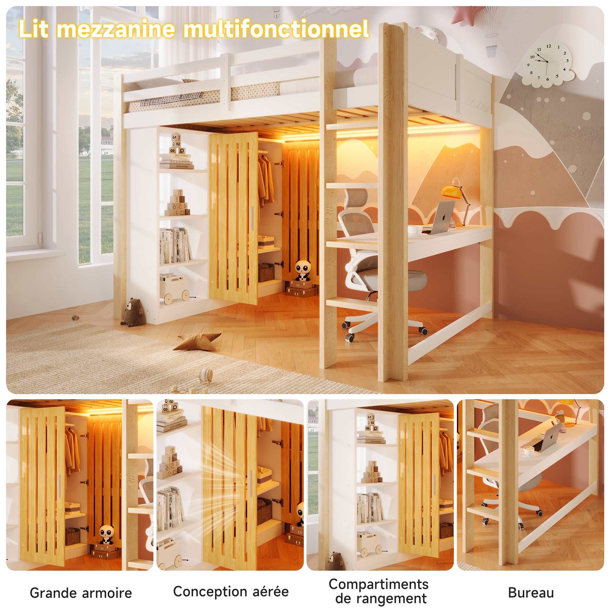 Lit mezzanine 140 x 200 cm avec armoire, étagère et bureau - Pin + MDF + contreplaqué - LEDs - Blanc et naturel (Sans matelas) - 8