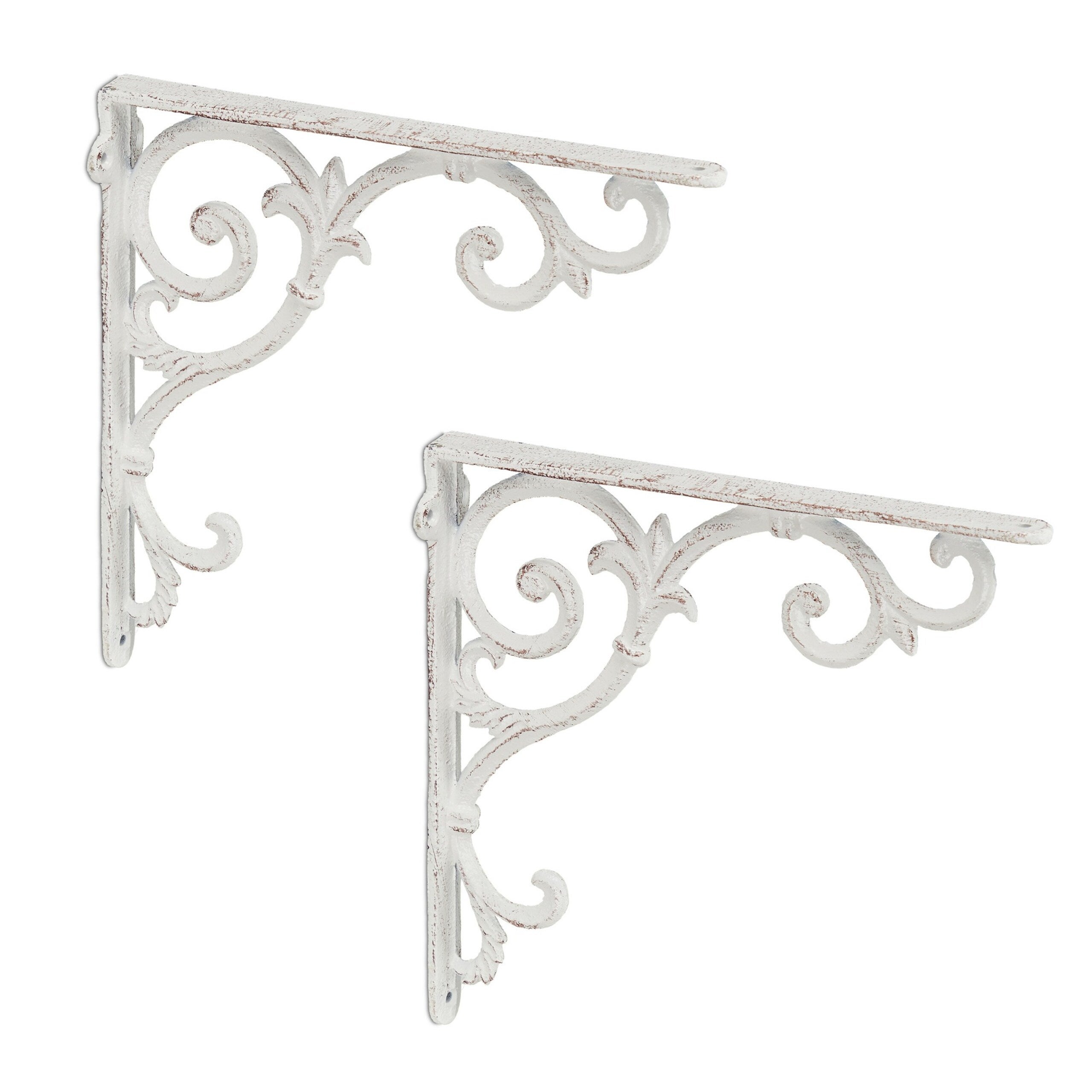 Équerre étagère murale, lot de 4, ancien, support en fonte de fer, ornements baroques, blanc, Relaxdays - 8