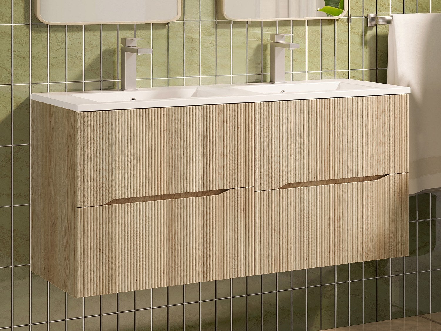 Podwieszana szafka łazienkowa prążkowana z umywalką do zabudowy i kranem - Jasny naturalny - 120 cm - ORISO