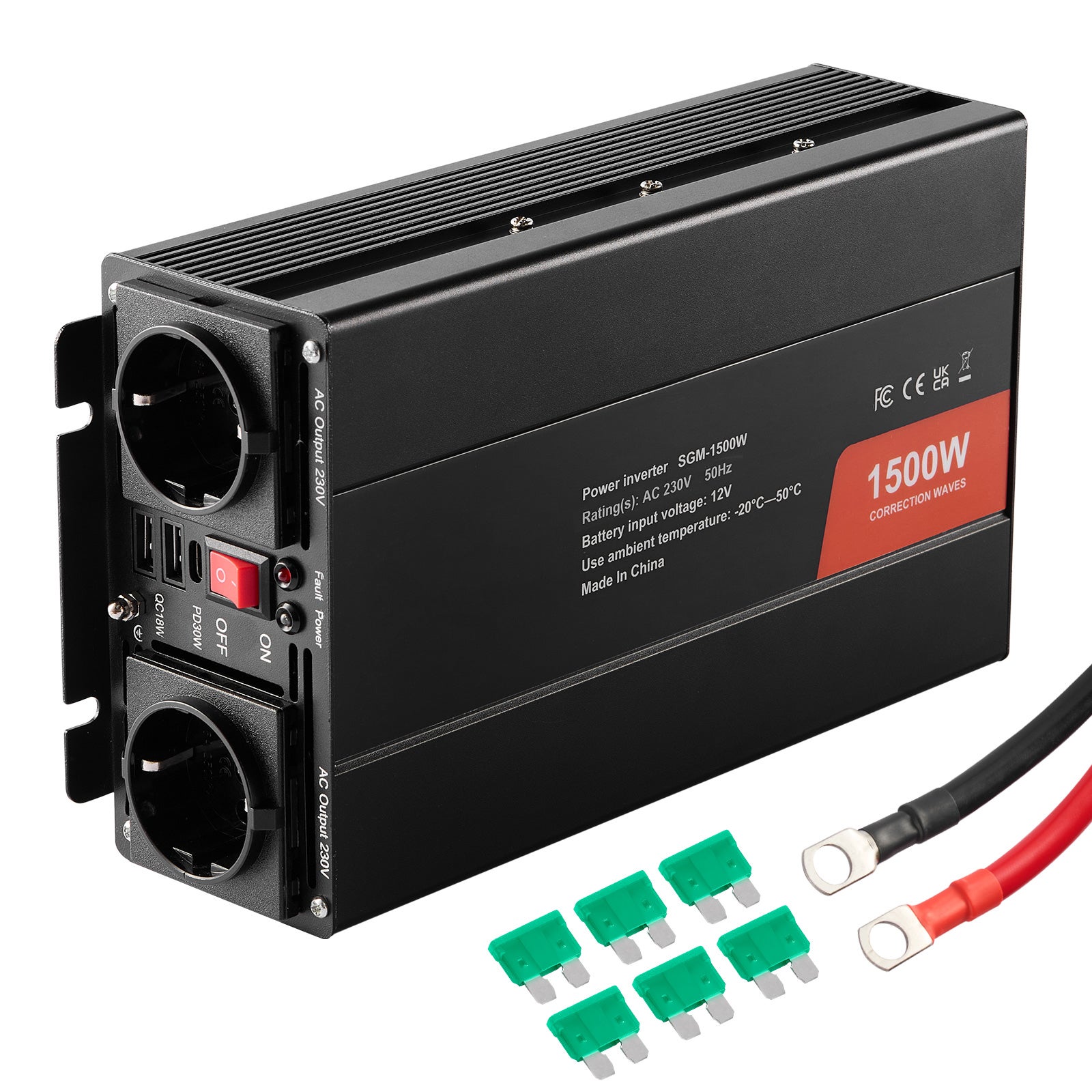 Onduleur Onde Sinusoïdale Modifiée 1500 W DC 12 V à AC 230 V, 2 Prises CA, 2 Ports USB, Type-C, 6 Fusibles, Certifié CE FCC SucceBuy - 3