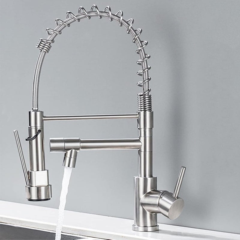 Bateria kuchenna z mieszaczem - Bateria kuchenna z 2-funkcyjną słuchawką natryskową - Jednouchwytowa bateria kuchenna ze sprężyną, srebrna