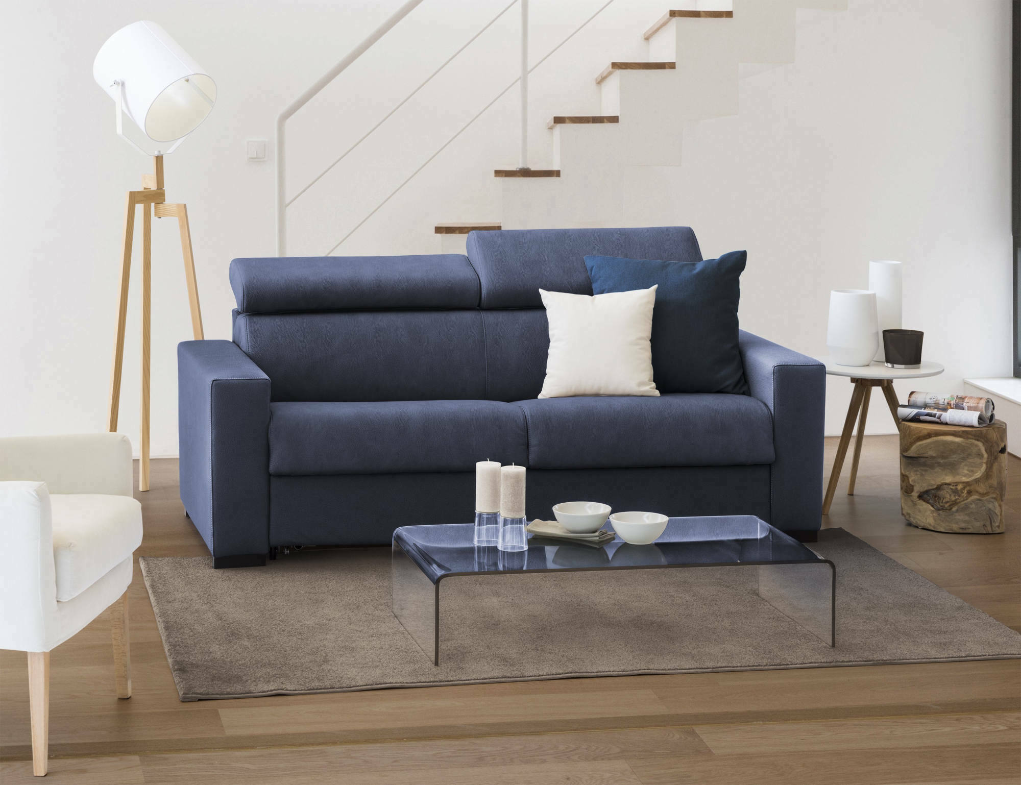 Sofá fijo 2 plazas alexandra, sofá de tela acolchada, reposacabezas regulables y reposabrazos finos, 100% made in italy, 160x95h85 cm, azul