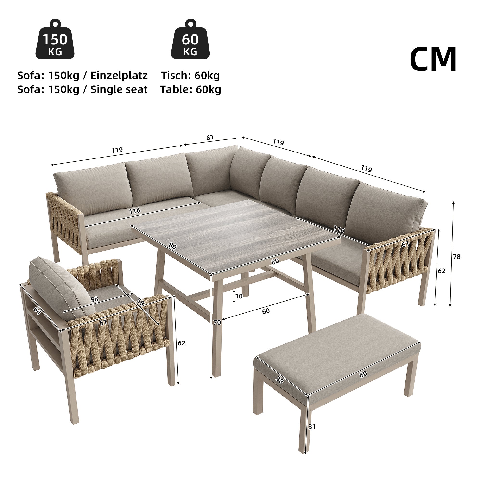 Ensemble de salle à manger de jardin - en corde - avec structure en fer galvanisé, pieds réglables, canapé d'angle, 1 fauteuil, 1 tabouret, Beige - 9