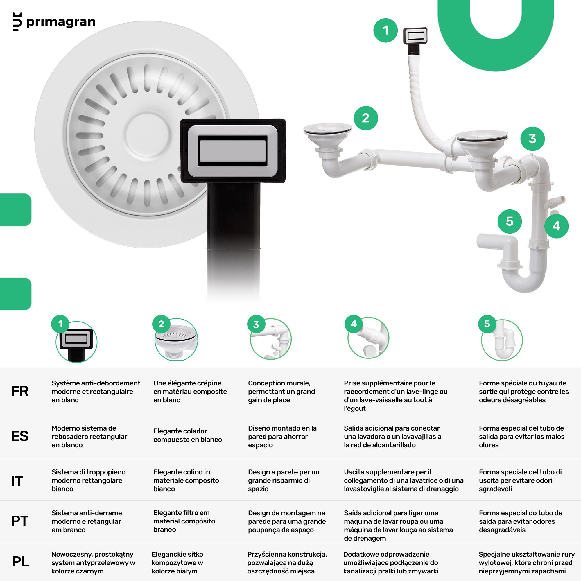 Lava-louça de encastrar Todo Branco 56x47cm, Pia de Cozinha 1,5 cubas + Kit de drenagem, Pia em Granito em armários de 60cm - Londres Slim PRIMAGRAN - 7