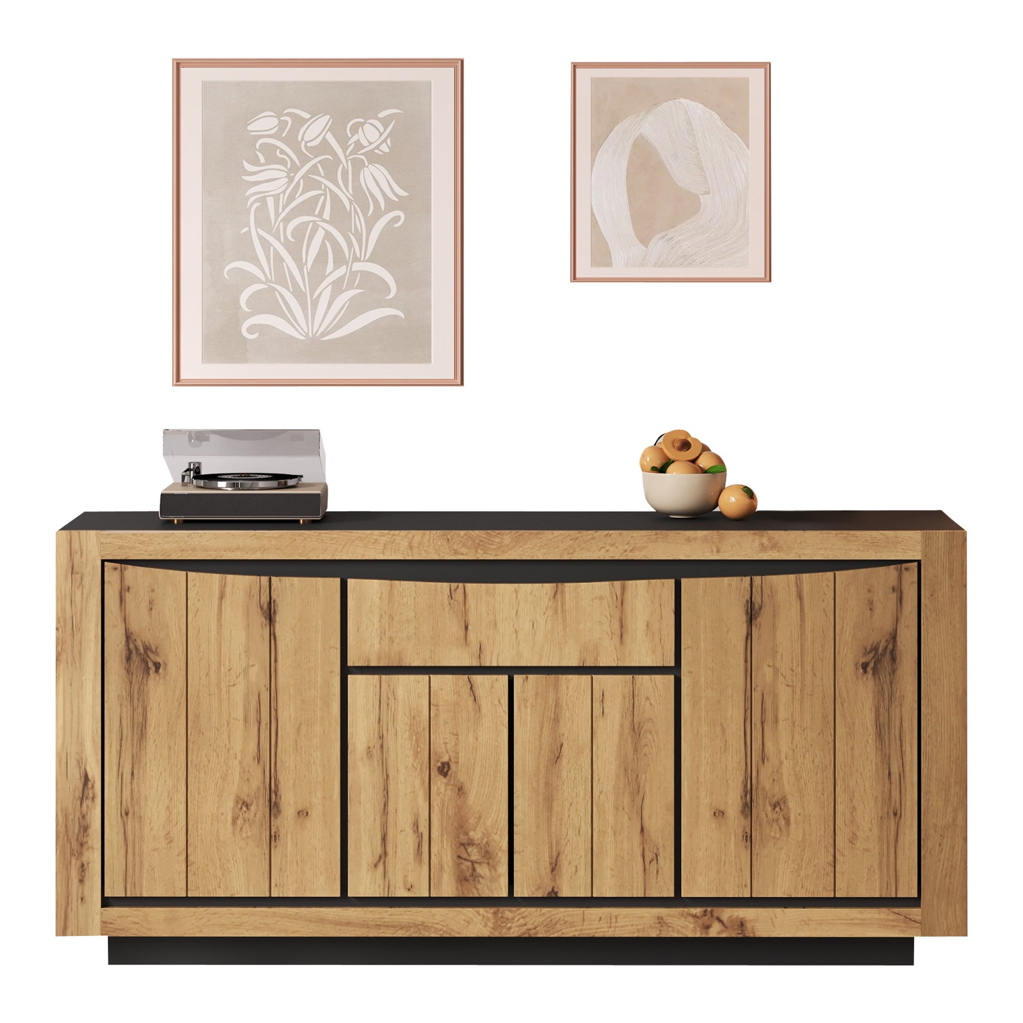 Buffet 140x38,5x52 cm - 4 portes et 1 tiroir - Commode 5 tiroirs - Finition bois - MDF - Naturel + Noir - 9
