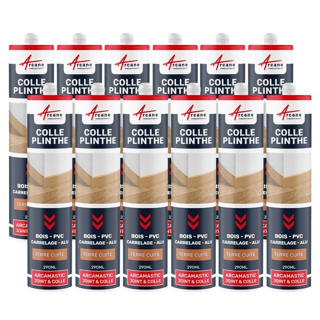 Mastic Colle Plinthes bois, carrelages, parquet, marches : ARCAMASTIC JOINT ET COLLE Terre Cuite - 290 ml x 12 - ARCANE INDUSTRIES