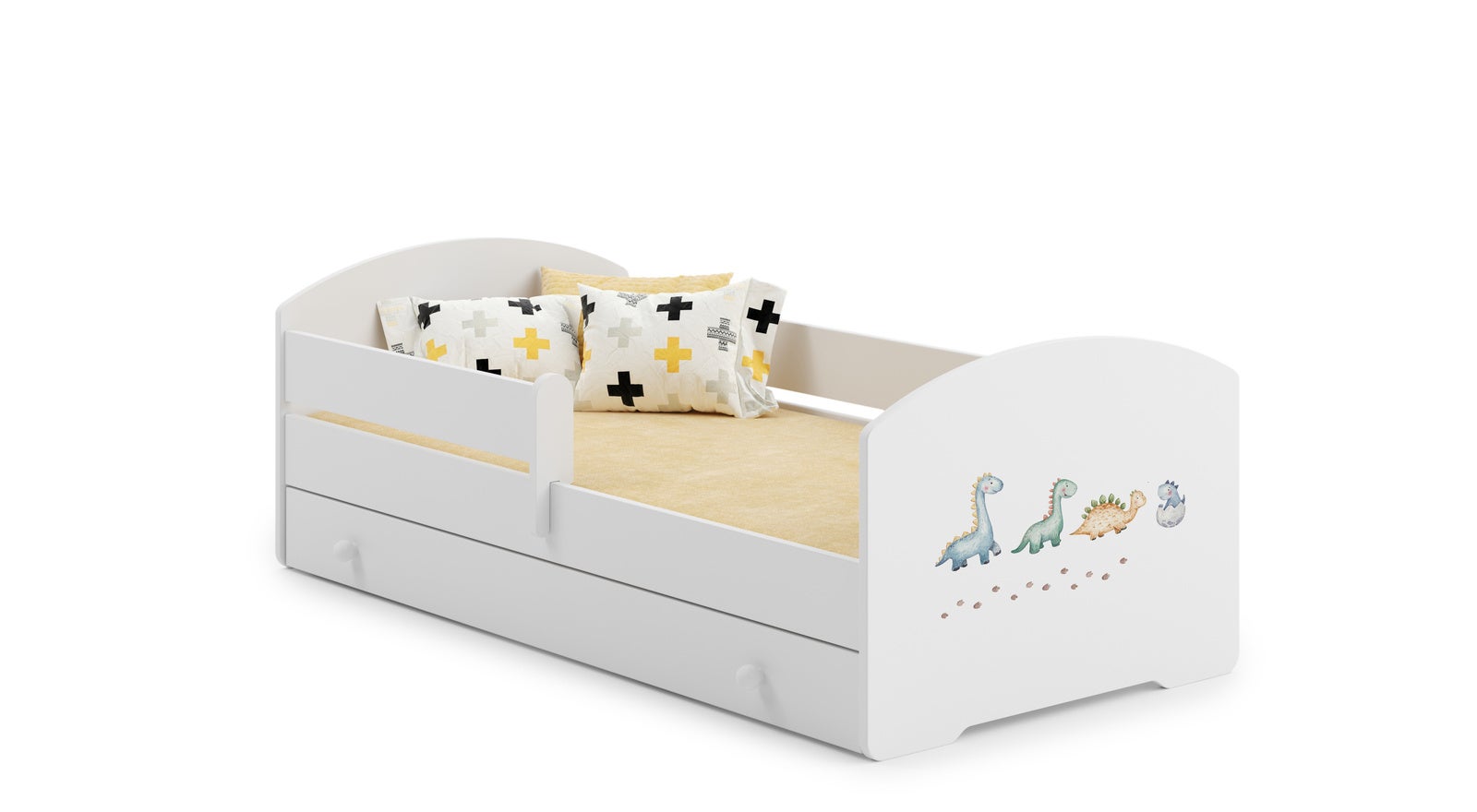 Białe Łóżko Dziecięce w Stylu Skandynawskim z Motywem Dinozaura 140x70 cm z Szufladą – Zawiera Materac Piankowy, Stelaż i Pełną Konstrukcję