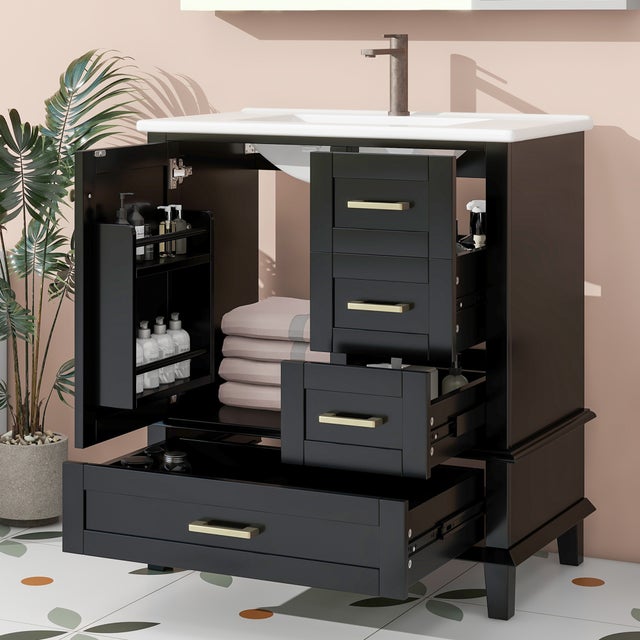 Meuble de salle de bain noir sur pied avec vasque en céramique intégrée, structure en bois et MDF, design moderne pour salle d'eau, 76 cm
