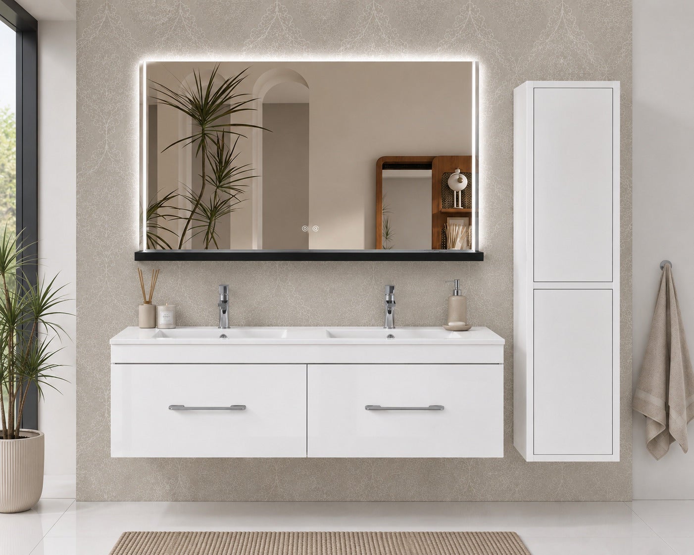 Mobilier de baie cu lavoar ORIGENBATH FLORENCIA fără oglindă 120x45 cm dublu alb cu coloană