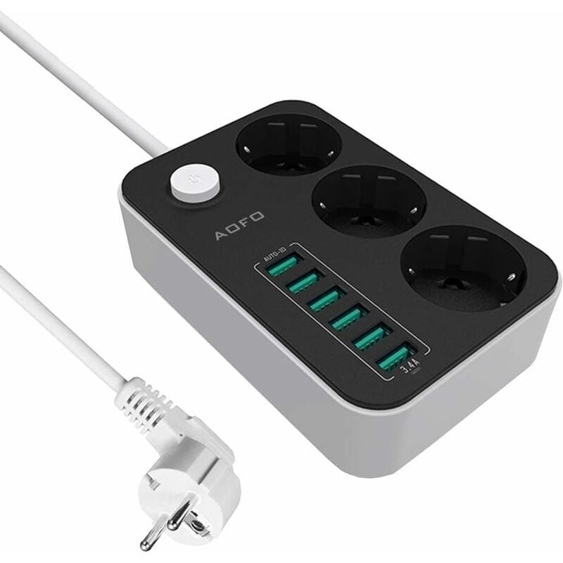 Listwa zasilająca z 3 gniazdami i 6 portami USB (5 V/3,4 A, 17 W), z wyłącznikiem, kabel 1,6 m
