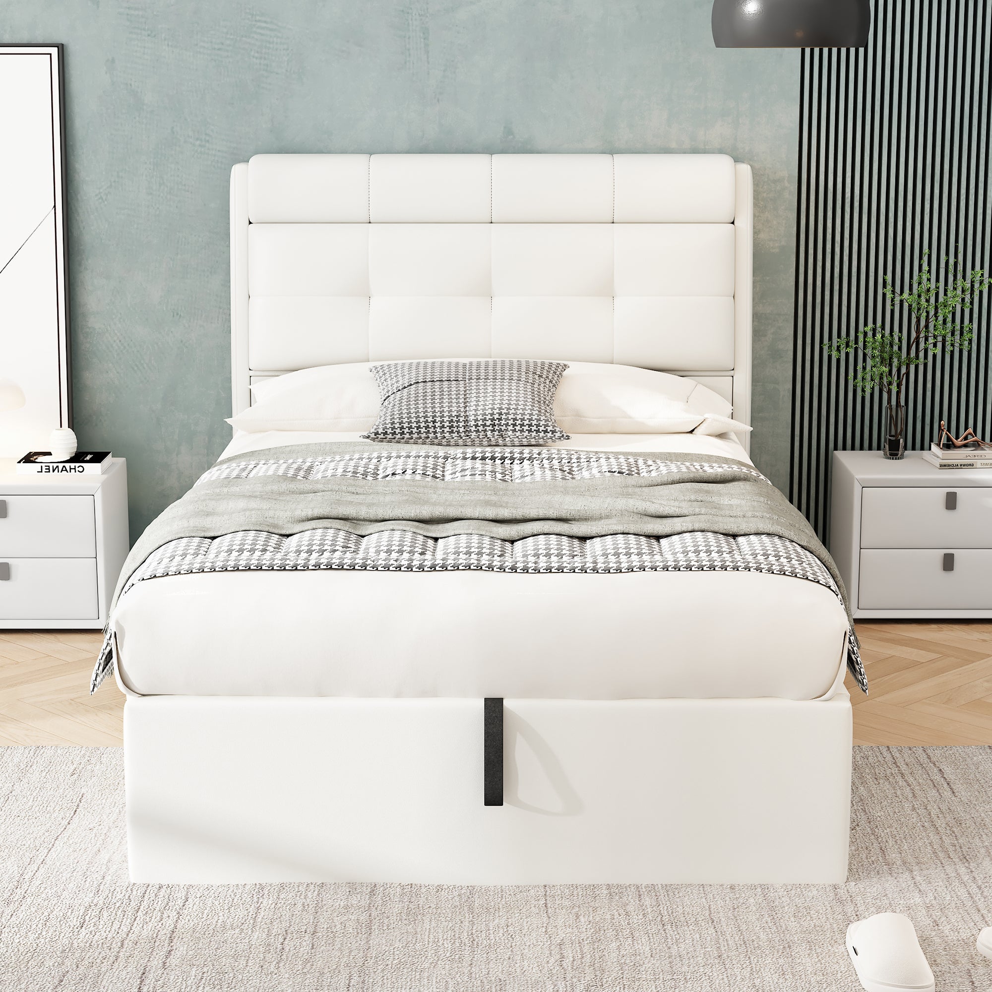 Lit coffre 90 x 200 cm avec tête de lit rangement - LEDs - Cuir PU - Blanc (sans matelas) - 3