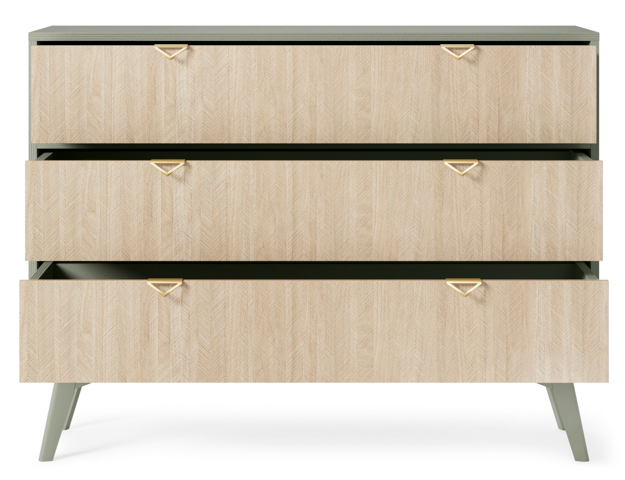 Komoda: 3 szuflady, wzór eukaliptus/scandi chevron, nogi drewniane, 106 x 80 x 38 cm - 3