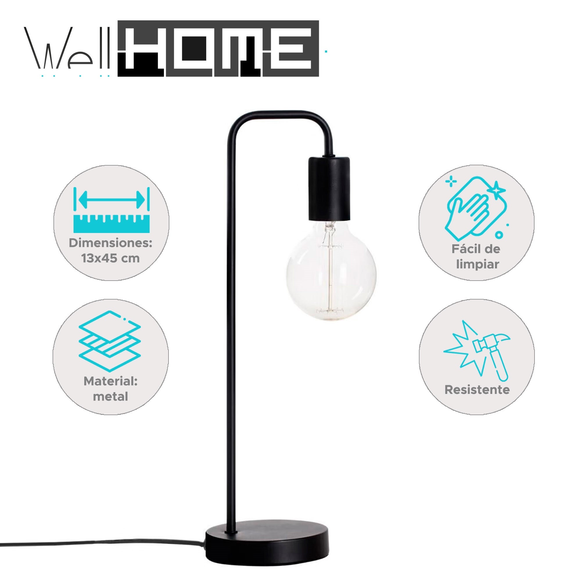 WELLHOME Lampe de Table Rétro Ø13x45cm Noir Interrupteur E27 - 2