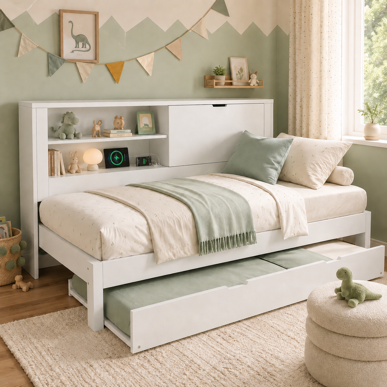 Łóżko wysuwane 90 x 190 cm + 90 x 190 cm z 1 drzwiami i 2 półkami - MDF + sklejka + PB - porty USB/Typ-C - białe (materac nie jest dołączony)