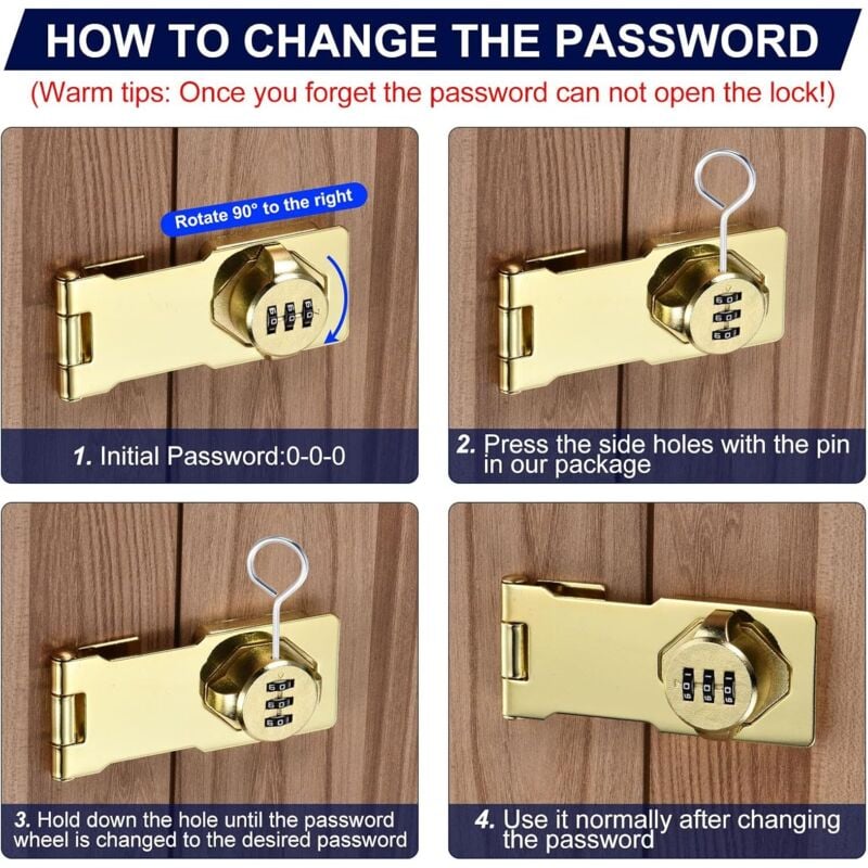 Lucchetto a combinazione in acciaio inossidabile con viti - oro - 4,5 pollici, due fori - 3