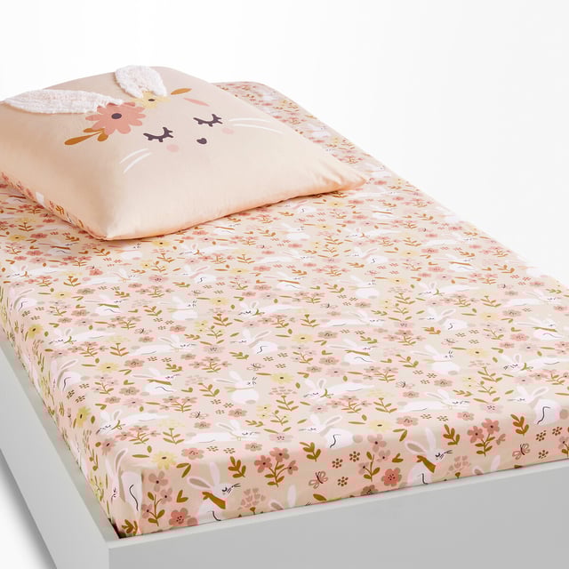 Drap-housse enfant coton biologique, Lapin fleuri - Imprimé rose - 90 x 190 cm