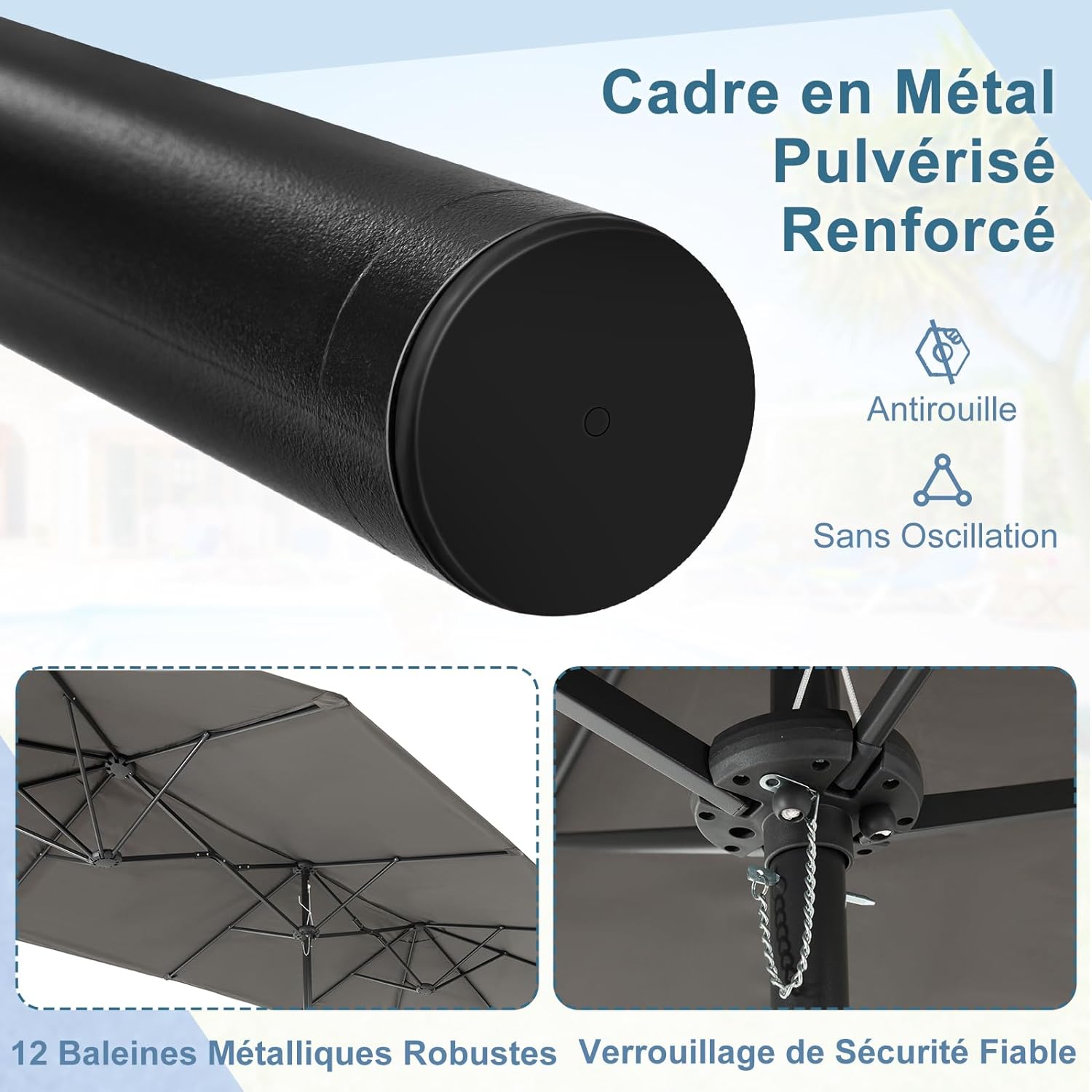 Parasol de Jardin Exterieur avec Pied, 4M Parasol Double Face avec Manivelle,pour 6 Personnes pour Marché, Piscine, Terrasse, Balcon (Gris) - 4