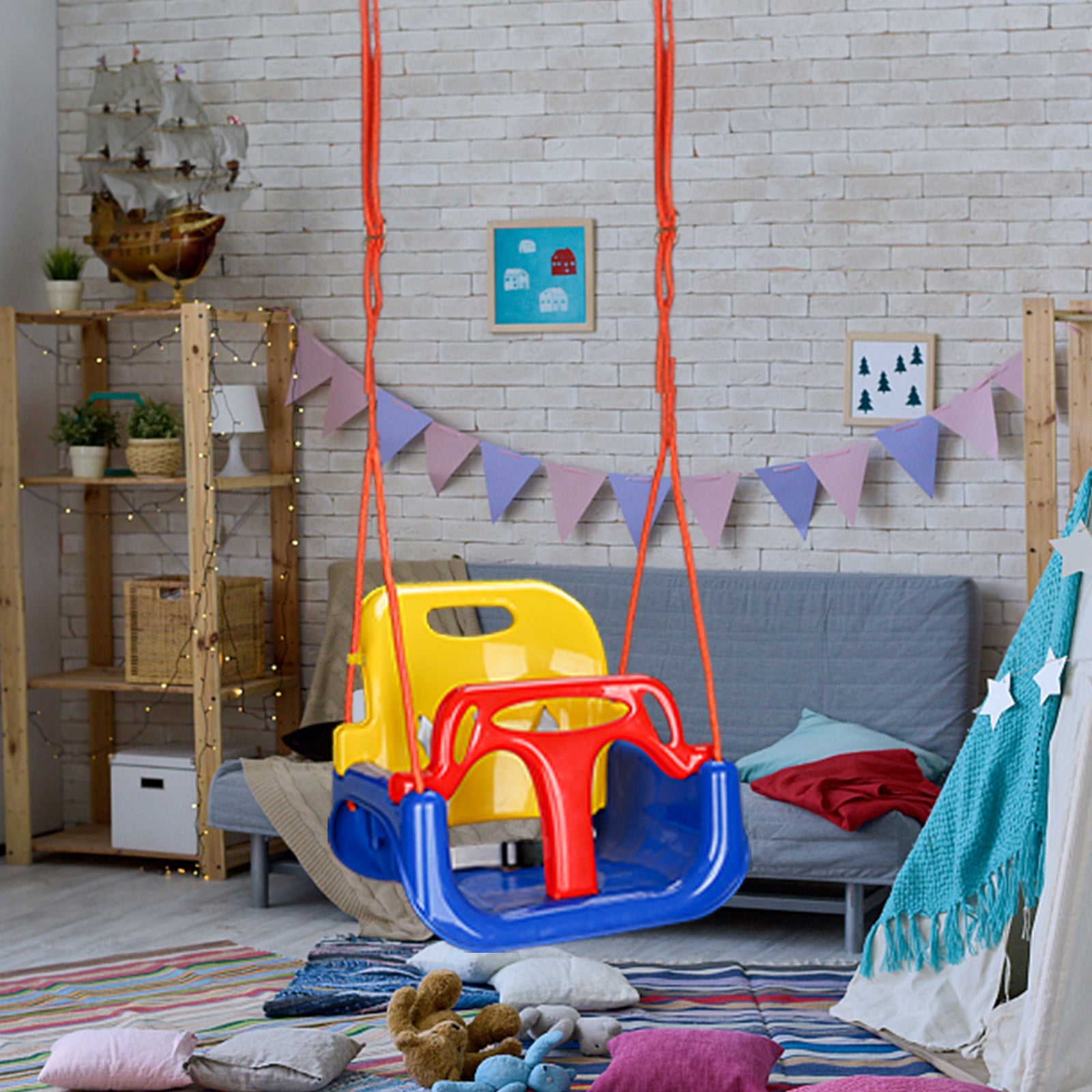 Balanço infantil 3 em 1 com encosto e cinto de segurança, altura ajustável, para uso interno e externo - 8