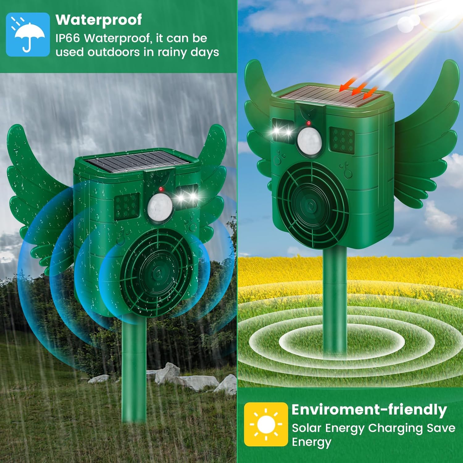 Répulsif à Ultrasons Solaire pour Animaux -Anti-Renard - Détecteur de Présence avec Flash Lumineux - Résistant à l'Eau IP66 - Idéal Jardin et Terrasse - 3