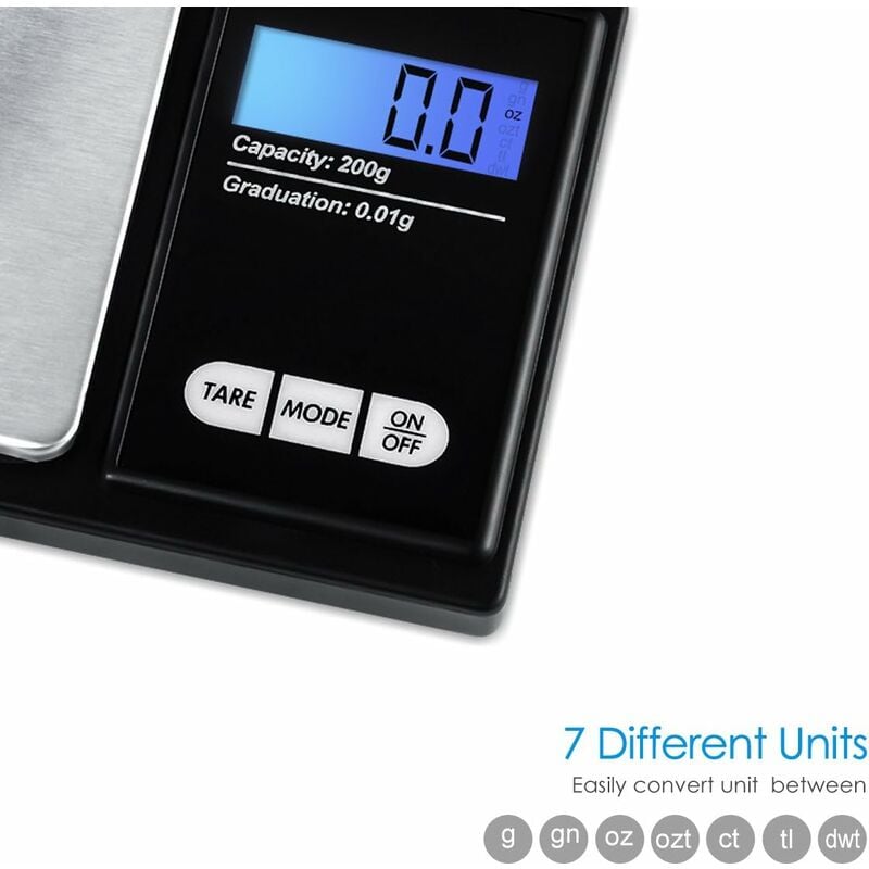Balance de précision 200 g/0,01 g Petite balance de haute précision avec écran LCD rétroéclairé avec fonction tare (noir) - 3